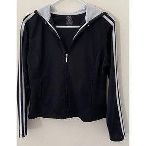 Athletic Works Womens Size M Black Jacket Coat Medium Striped Sleeve Cropped